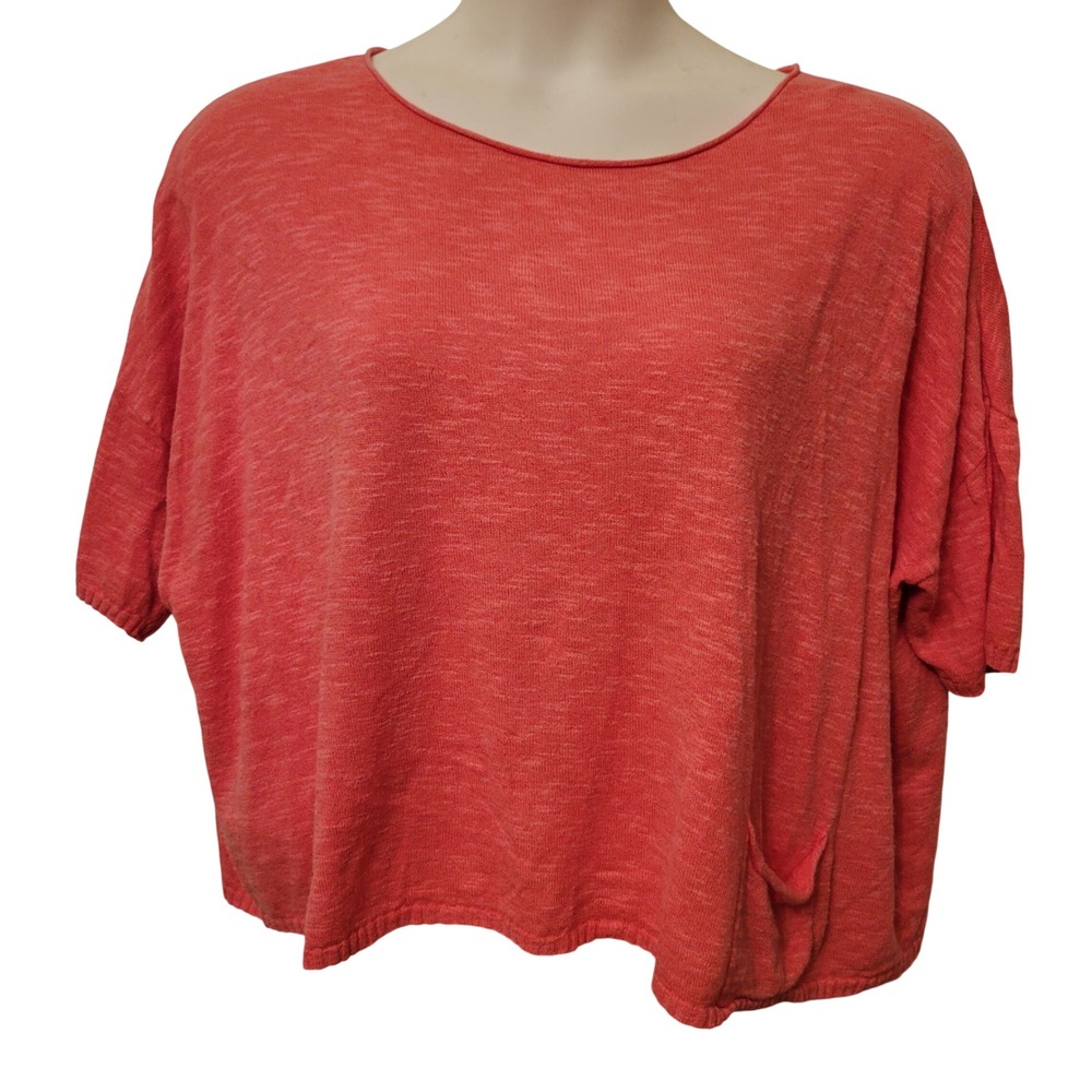 Eileen Fisher L Top Coral Boxy Short Sleeve Pocket Slub Knit Lagenlook Linen